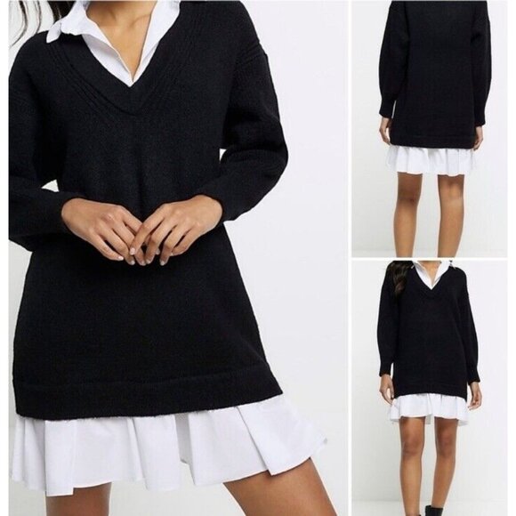 Rio & Rian Black Knit Midi Sweater Sz L Dress with Button Down‎ White Blouse NWT - Picture 1 of 16